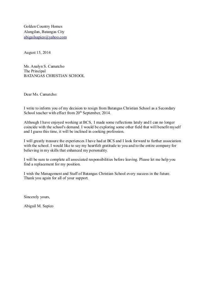 Resignation letter real