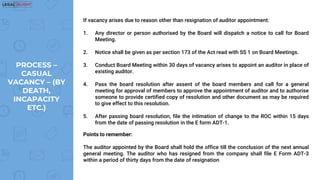 If vacancy arises due to reason other than resignation of auditor appointment:
1. Any director or person authorised by the Board will dispatch a notice to call for Board
Meeting.
2. Notice shall be given as per section 173 of the Act read with SS 1 on Board Meetings.
3. Conduct Board Meeting within 30 days of vacancy arises to appoint an auditor in place of
existing auditor.
4. Pass the board resolution after assent of the board members and call for a general
meeting for approval of members to approve the appointment of auditor and to authorise
someone to provide certified copy of resolution and other document as may be required
to give effect to this resolution.
5. After passing board resolution, file the intimation of change to the ROC within 15 days
from the date of passing resolution in the E form ADT-1.
Points to remember:
The auditor appointed by the Board shall hold the office till the conclusion of the next annual
general meeting. The auditor who has resigned from the company shall file E Form ADT-3
within a period of thirty days from the date of resignation
PROCESS –
CASUAL
VACANCY – (BY
DEATH,
INCAPACITY
ETC.)
 
