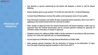 • Any director or person authorised by the Board will dispatch a notice to call for Board
Meeting.
• Notice shall be given as per section 173 of the Act read with SS 1 on Board Meetings.
• Conduct Board Meeting to remove the auditor and to propose name of new auditor.
• Pass the board resolution and within 30 days of passing board resolution, file E Form ADT-2
applying to the Central Government for removal of auditor.
• After receipt of approval from the Central Government call board meeting to take note of
approval from the Central Government and to convene general meeting for approval of
members within sixty days of receipt of approval.
• Dispatch notices for calling an EGM/ AGM to all the members in accordance with provisions
section 101 of the Act read with SS 2 on General Meetings
• Accord approval of Members through Special Resolution at EGM/ AGM.
• After passing special resolution, file the intimation of change to the ROCwithin 15 days
from the date of passing special resolution in the E form ADT-1.
PROCESS OF
REMOVAL
 