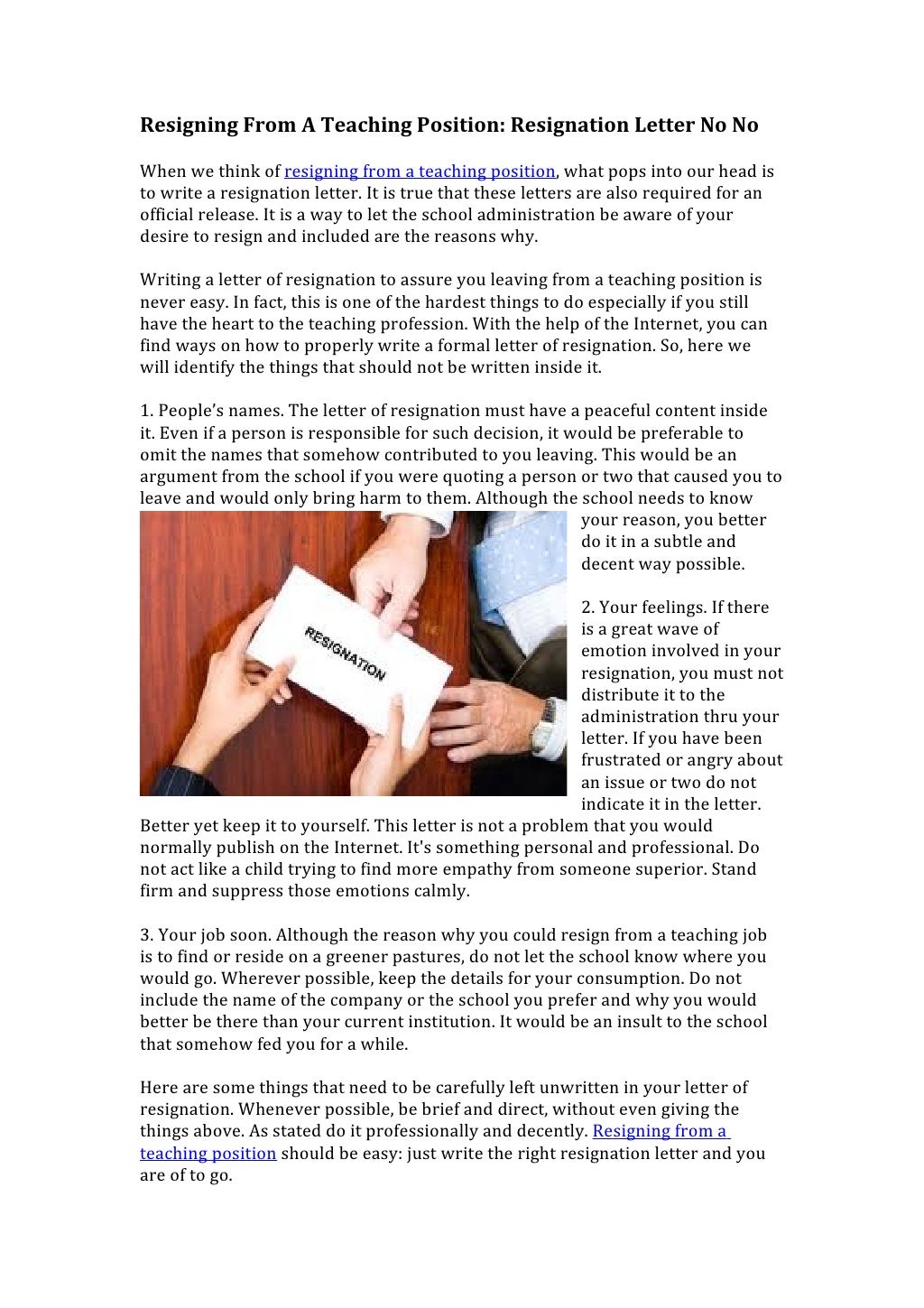 Resigning From A Teaching Position Resignation Letter No No