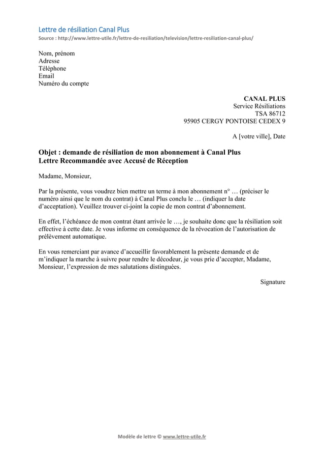 Résiliation Canal Plus (Canal+) Modèle de lettre gratuit PDF
