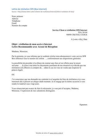 Resiliation Sfr Box Modele De Lettre Gratuit