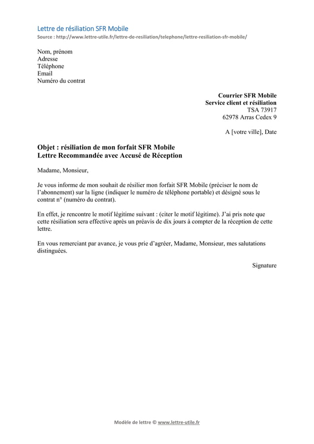 Résiliation SFR mobile Modèle de lettre gratuit