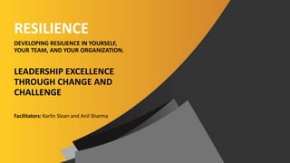 Copyright © 2016. Sloan Group International. All rights reserved.
RESILIENCE
DEVELOPING RESILIENCE IN YOURSELF,
YOUR TEAM, AND YOUR ORGANIZATION.
LEADERSHIP EXCELLENCE
THROUGH CHANGE AND
CHALLENGE
Facilitators: Karlin Sloan and Anil Sharma
 