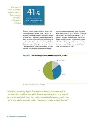 41%
    When asked to
 check three of the
 biggest barriers to
   their companies
        developing
                                 saiD lacK of KnowleDge
     cybersecurity              of the threat was holDing
                                   bacK their coMPanies
          initiatives



                         The new attitude toward resilience accepts that         be more productive no matter where they are or
                         companies cannot achieve perfect security or            what devices they are using. “Whether it’s working
                         absolute continuity. Instead of aiming for a security   regular hours or out-of-hours, whether it’s on a
                         standard that is impossible to achieve, they should     personal device or business device, how do we
                         focus on balancing resilience with productivity. “It    enable them to work and be productive in their
                         is all about enablement,” proclaims Integralis’ Garry   jobs? That is the change in information security
                         Sidaway. Instead of being seen as forces that say       that we’ve got to drive towards, and we have a
                         “No,” he believes IT departments should ask how         great opportunity to do that.”
                         they can enable their company’s employees to



                         F IguRE 4 Does your organization have a cybersecurity strategy?


                                                                                 14% Don’t know




                                                            53% Yes



                                                                                          33% No




                         Source: Economist Intelligence Unit survey, July 2011




“Whether it’s working regular hours or out-of-hours, whether it’s on a
 personal device or business device, how do we enable them to work and
 be productive in their jobs? That is the change in information security that
 we’ve got to drive towards, and we have a great opportunity to do that.”




8 Resilience in the Cyber Era
 