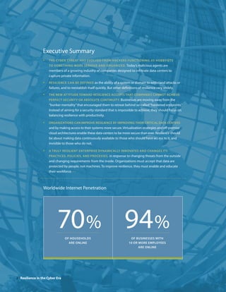Executive Summary
                 •   the cyber threat has evolveD froM hacKers fUnc tioning as hobbyists
                     to soMething More serioUs anD organizeD. Today’s malicious agents are
                     members of a growing industry of companies designed to infiltrate data centers to
                     capture private information.
                 •   resilience can be DefineD as the ability of a system or domain to withstand attacks or
                     failures, and to reestablish itself quickly. But other definitions of resilience vary widely.
                 •   the new attitUDe towarD resilience accePts that coMPanies cannot achieve
                     Perfect secUrity or absolUte continUity. Businesses are moving away from the
                     “bunker mentality” that encouraged them to retreat behind so-called “hardened endpoints.”
                     Instead of aiming for a security standard that is impossible to achieve, they should focus on
                     balancing resilience with productivity.

                 •   organizations can iMProve resilience by iMProving their critical Data centers
                     and by making access to their systems more secure. Virtualization strategies and off-premise
                     cloud architectures enable these data centers to be more secure than ever. Resilience should
                     be about making data continuously available to those who should have access to it, and
                     invisible to those who do not.

                 •   a trUly resilient enterPrise DynaMically innovates anD changes its
                     Practices, Policies, anD Processes, in response to changing threats from the outside
                     and changing requirements from the inside. Organizations must accept that data are
                     protected by people, not machines. To improve resilience, they must enable and educate
                     their workforce. • •



                 Worldwide Internet Penetration




                           70 % 94 %
                                of hoUseholDs                                    of bUsinesses with
                                  are online                                    10 or More eMPloyees
                                                                                      are online




2 Resilience in the Cyber Era
 