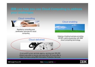 IBM can help you use Cloud Computing to address
    your challenges
                Cloud consulting
                                                                                 Cloud enabling


             Resiliency consulting and
           certification services for cloud
                       computing
                                                                          Helping a hosting business providing
                                                                           99.99% uptime guarantee with IBM
                               Cloud delivered                                cloud computing technology




                  A non-profit human services agency, serving over 200,000
                 citizens was able to recover services within 24 hours after a
                 major hurricane using IBM Information Protection Services


IBM Insight Forum 09                           Make change work for you
                                                                                                                 ®
 