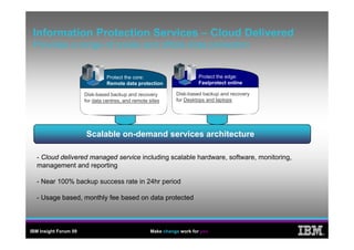 Information Protection Services – Cloud Delivered
 Provides a range of onsite and offsite data protection


                                 Protect the core:                      Protect the edge:
                                 Remote data protection                 Fastprotect online

                       Disk-based backup and recovery
                                          p            y      Disk-based backup and recovery
                                                                                           y
                       for data centres, and remote sites     for Desktops and laptops




                       Scalable on-demand services architecture

  - Cloud delivered managed service including scalable hardware, software, monitoring,
  management and reporting

  - Near 100% backup success rate in 24hr period

  - Usage based, monthly fee based on data protected



IBM Insight Forum 09                                Make change work for you
                                                                                               ®
 