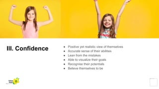 III. Confidence ● Positive yet realistic view of themselves
● Accurate sense of their abilities
● Lean from the mistakes
● Able to visualize their goals
● Recognise their potentials
● Believe themselves to be
Yellow
Pond
 