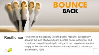 Resilience Resilience is the capacity to spring back, rebound, successfully
adapt in the face of adversity and develop social, academic, and
vocational competence despite being exposed to extreme stress or
simply to the stress that is inherent in today’s world. - Henderson
and Milstein, 1996
Yellow
Pond
 