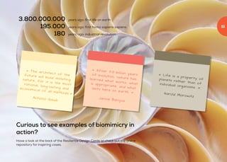 Curious to see examples of biomimicry in
action?
Have a look at the back of the Resilience Design Cards or check out the online
repository for inspiring cases.
« After 3.8 billion yearsof evolution, nature haslearned what works, whatis appropriate, and whatlasts here on earth. »
Janine Benyus
« Life is a property ofplanets rather than ofindividual organisms. »
Harold Morowitz
« The architect of thefuture will build imitatingnature, for it is the mostrational, long-lasting andeconomical of all methods.»
Antonio Gaudi
3.800.000.000
195.000
180
years ago: first life on earth
years ago: first homo sapiens sapiens
years ago: industrial revolution
11
 