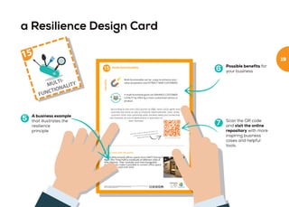 a Resilience Design Card
7
5
6
A business example
that illustrates the
resilience
principle
Possible benefits for
your business
Scan the QR code
and visit the online
repository with more
inspiring business
cases and helpful
tools.
19
 
