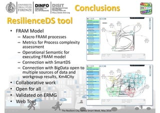 DISIT Lab, Distributed Data Intelligence and Technologies
Distributed Systems and Internet Technologies
Department of Information Engineering (DINFO)
http://www.disit.dinfo.unifi.it
http://www.disit.org
ResilienceDS tool
• FRAM Model
– Macro FRAM processes
– Metrics for Process complexity
assessment
– Operational Semantic for
executing FRAM model
– Connection with SmartDS
– Connection with BigData open to
multiple sources of data and
workgroup results, Km4City
• Collaborative work
• Open for all
• Validated on ERMG
• Web Tool
The Resilient City, Genoa Smart Week, May 2016
Conclusions
 