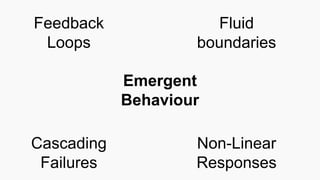 Feedback
Loops
Emergent
Behaviour
Non-Linear
Responses
Cascading
Failures
Fluid
boundaries
 