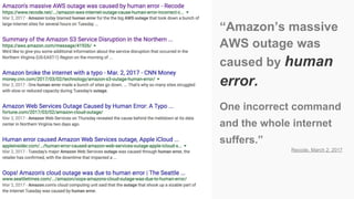Amazon’s outage
“Amazon’s massive
AWS outage was
caused by human
error.
One incorrect command
and the whole internet
suffers.”
Recode. March 2, 2017
 