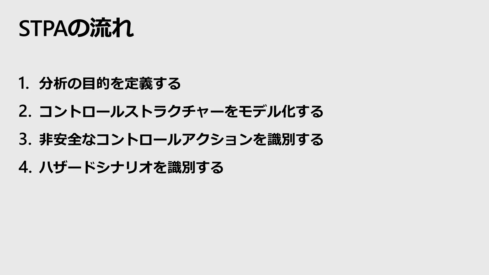 STPAの流れ
1. 分析の目的を定義する
2. コントロールストラクチャーをモデル化する
3. 非安全なコントロールアクションを識別する
4. ハザードシナリオを識別する
 