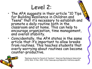 Level 2:
• The APA suggests in their article “10 Tips
for Building Resilience in Children and
Teens” that it’s necessary to establish and
promote a daily routine both in the
classroom and at home. This can help to
encourage organization, time management,
and overall stability.
• Coincidentally, the APA states in the same
article that it’s important to allow breaks
from routines. This teaches students that
overly worrying about routines can become
counter-productive.
"Resilience Guide for Parents & Teachers." American Psychological Association
(APA). Web. 21 Nov. 2010. <http://www.apa.org/helpcenter/resilience.aspx#>.
 
