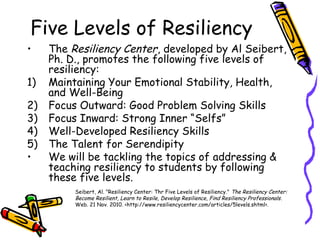 Five Levels of Resiliency
• The Resiliency Center, developed by Al Seibert,
Ph. D., promotes the following five levels of
resiliency:
1) Maintaining Your Emotional Stability, Health,
and Well-Being
2) Focus Outward: Good Problem Solving Skills
3) Focus Inward: Strong Inner “Selfs”
4) Well-Developed Resiliency Skills
5) The Talent for Serendipity
• We will be tackling the topics of addressing &
teaching resiliency to students by following
these five levels.
Seibert, Al. "Resiliency Center: Thr Five Levels of Resiliency." The Resiliency Center:
Become Resilient, Learn to Resile, Develop Resilience, Find Resiliency Professionals.
Web. 21 Nov. 2010. <http://www.resiliencycenter.com/articles/5levels.shtml>.
 