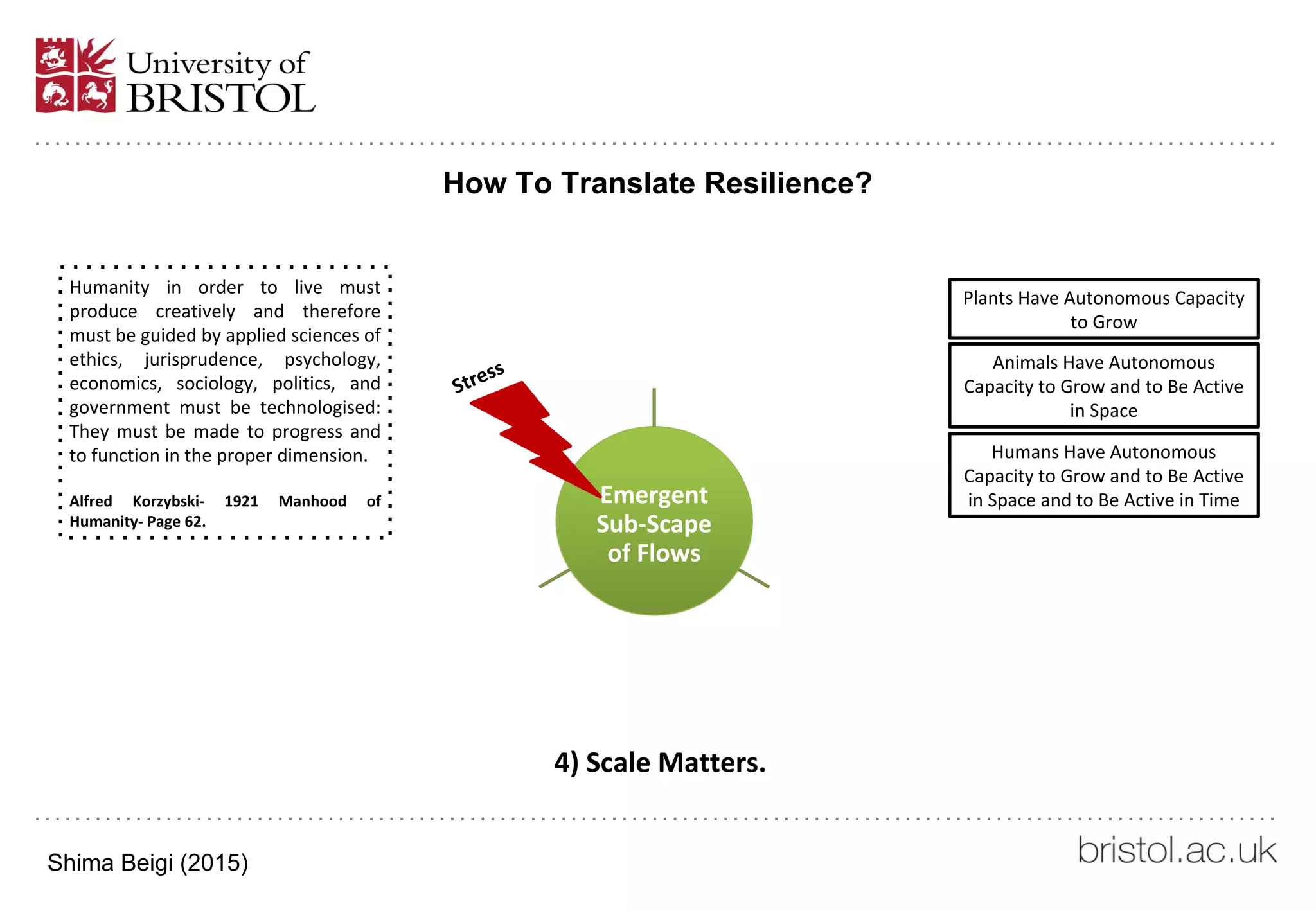 How To Translate Resilience?
Emergent
Sub-Scape
of Flows
Space
(Animals)
(Human)
Resources
(Plants)
(Human)
Time
(Human)
Humans Have Autonomous
Capacity to Grow and to Be Active
in Space and to Be Active in Time
Animals Have Autonomous
Capacity to Grow and to Be Active
in Space
Plants Have Autonomous Capacity
to Grow
Stress
Humanity in order to live must
produce creatively and therefore
must be guided by applied sciences of
ethics, jurisprudence, psychology,
economics, sociology, politics, and
government must be technologised:
They must be made to progress and
to function in the proper dimension.
Alfred Korzybski- 1921 Manhood of
Humanity- Page 62.
4) Scale Matters.
Shima Beigi (2015)
 