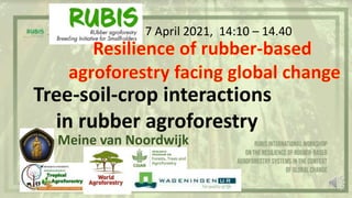 Tree-soil-crop interactions
in rubber agroforestry
7 April 2021, 14:10 – 14.40
Meine van Noordwijk
 