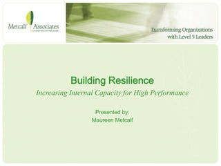 Building Resilience Increasing Internal Capacity for High Performance Presented by: Maureen Metcalf June 2008 1 