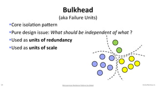 19 VictorRentea.ro
§Core isolaKon paVern
§Pure design issue: What should be independent of what ?
§Used as units of redundancy
§Used as units of scale
Bulkhead
(aka Failure Units)
Microservices Resilience Pa/erns by jRebel
 