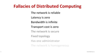 5 VictorRentea.ro
Fallacies of Distributed Computing
The network is reliable
Latency is zero
Bandwidth is inﬁnite
Transport cost is zero
The network is secure
Fixed topology
Has one administrator
The network is homogeneous
 