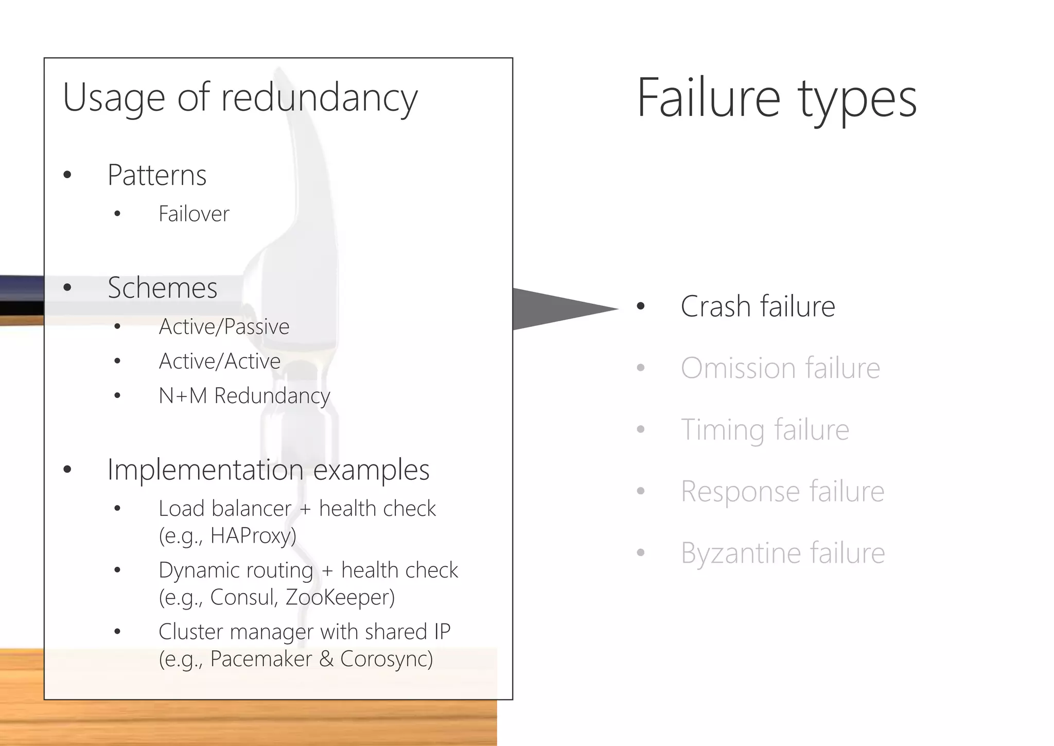 Failure types
• Crash failure
• Omission failure
• Timing failure
• Response failure
• Byzantine failure
Usage of redundancy
• Patterns
• Failover
• Schemes
• Active/Passive
• Active/Active
• N+M Redundancy
• Implementation examples
• Load balancer + health check
(e.g., HAProxy)
• Dynamic routing + health check
(e.g., Consul, ZooKeeper)
• Cluster manager with shared IP
(e.g., Pacemaker & Corosync)
 