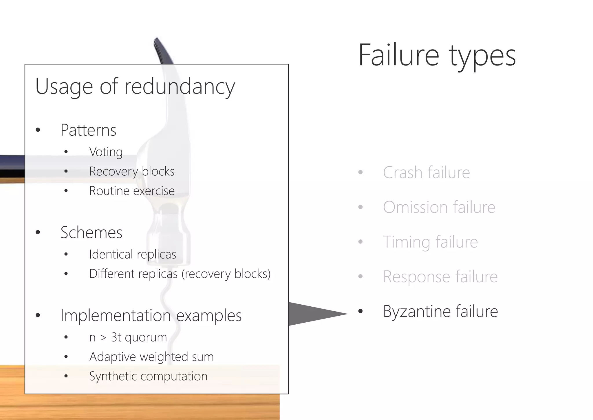 Failure types
• Crash failure
• Omission failure
• Timing failure
• Response failure
• Byzantine failure
Usage of redundancy
• Patterns
• Voting
• Recovery blocks
• Routine exercise
• Schemes
• Identical replicas
• Different replicas (recovery blocks)
• Implementation examples
• n > 3t quorum
• Adaptive weighted sum
• Synthetic computation
 