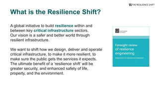 A global initiative to build resilience within and
between key critical infrastructure sectors.
Our vision is a safer and better world through
resilient infrastructure.
We want to shift how we design, deliver and operate
critical infrastructure, to make it more resilient, to
make sure the public gets the services it expects.
The ultimate benefit of a ‘resilience shift’ will be
greater security, and enhanced safety of life,
property, and the environment.
What is the Resilience Shift?
 