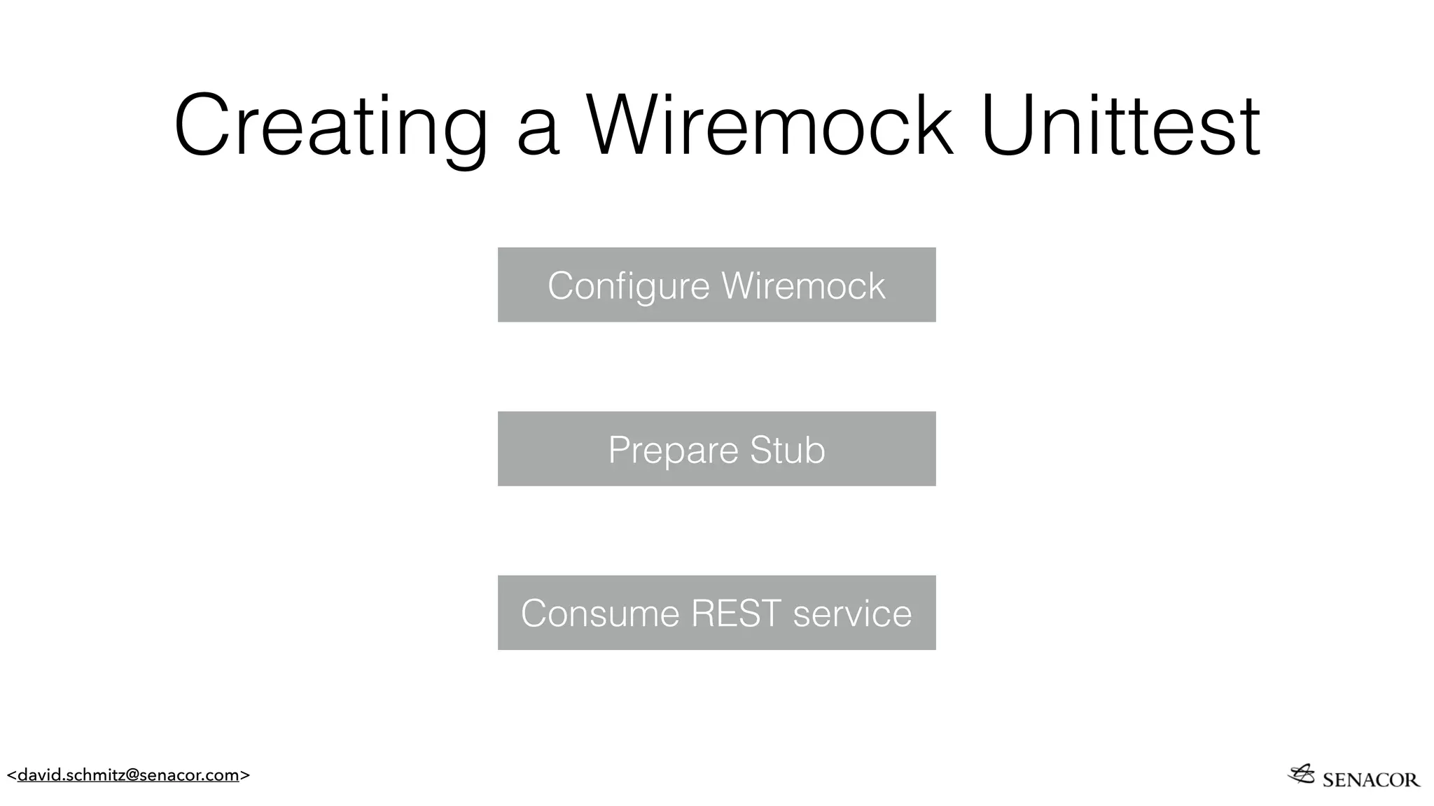 <david.schmitz@senacor.com>
Creating a Wiremock Unittest
Prepare Stub
Conﬁgure Wiremock
Consume REST service
 