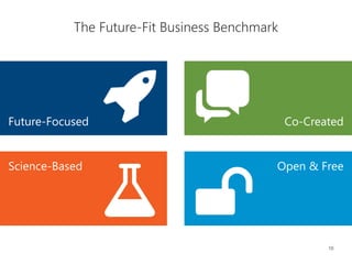 10
The Future-Fit Business Benchmark
Open & FreeScience-Based
Future-Focused Co-Created
 