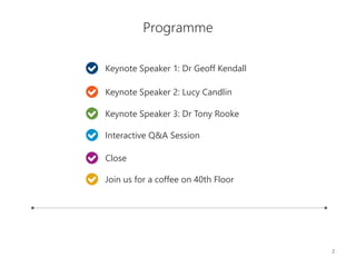 2
Programme
Keynote Speaker 1: Dr Geoff Kendall
Interactive Q&A Session
Keynote Speaker 2: Lucy Candlin
Close
Keynote Speaker 3: Dr Tony Rooke
Join us for a coffee on 40th Floor
 