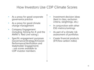 36
• As a proxy for good corporate
governance practice
• As a proxy for good climate
change management
• Company Engagement
(including ‘Aiming for A’ and the
AMNT’s ‘Red Line voting’)
• Specific engagement purposes
(Governance/Strategy/Emission
Performance/Verification and
Stakeholder Engagement)
- sub scores available to
CDP investor members
How Investors Use CDP Climate Scores
• Investment decision ideas
(best in class, exclusion
criteria, weightings, etc,)
• In conjunction with other
ESG metrics/rankings
• As part of a climate risk
assessment of portfolios
• Create financial products
(ETF/low carbon index)
 