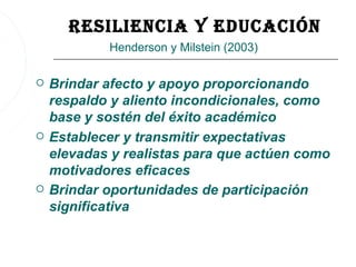 resiliencia Y eDUcación
            Henderson y Milstein (2003)

   Brindar afecto y apoyo proporcionando
    respaldo y aliento incondicionales, como
    base y sostén del éxito académico
   Establecer y transmitir expectativas
    elevadas y realistas para que actúen como
    motivadores eficaces
   Brindar oportunidades de participación
    significativa
 