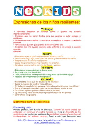  




                                                                                 	
  


Expresiones de los niños resilientes:
                                Yo tengo:
 • Personas alrededor en quienes confío y quienes me quieren
incondicionalmente
• Personas que me ponen límites para que aprenda a evitar peligros o
problemas
• Personas que me muestran por medio de su conducta la manera correcta de
proceder
• Personas que quieren que aprenda a desenvolverme solo
• Personas que me ayudan cuando estoy enfermo o en peligro o cuando
necesito
aprender
                                  Yo soy:
 • Una persona por la que los otros sienten aprecio y cariño
• Feliz cuando hago algo bueno para los demás y les demuestro mi afecto
• Respetuoso de mí mismo y del prójimo
• Capaz de aprender lo que mis maestros me enseñan
• Agradable y comunicativo con mis familiares y vecinos
                                 Yo estoy:
 • Dispuesto a responsabilizarme de mis actos
• Seguro de que todo saldrá bien
• Triste, lo reconozco y lo expreso con la seguridad de encontrar apoyo
• Rodeado de compañeros que me aprecian
                                Yo puedo:
 • Hablar sobre cosas que me asustan o me inquietan
• Buscar la manera de resolver mis problemas
• Controlarme cuando tengo ganas de hacer algo peligroso o que no está bien
• Buscar el momento apropiado para hablar con alguien o para actuar
• Encontrar a alguien que me ayude cuando lo necesito
• Equivocarme y hacer travesuras sin perder el afecto de mis padres
• Sentir afecto y expresarlo


Momentos para la Resiliencia:

Embarazo y parto:
Período prenatal, feto durante el embarazo. Durante los nueve meses del
embarazo, se construye el cerebro humano, se inicia el desarrollo de los
sentimientos, se comienza a establecer la sensibilidad emocional y comienza el
funcionamiento del sistema nervioso. Todo aquello que favorezca este

       http://dreliascordova.mx http://twitter.com/dreliascordova
                        https://neokids.webex.com
 