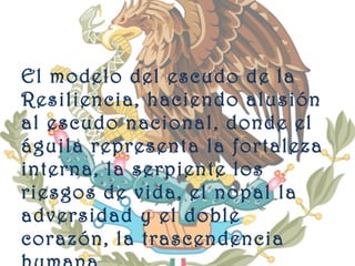 El modelo del escudo de la Resiliencia, haciendo alusión al escudo nacional, donde el águila representa la fortaleza interna, la serpiente los riesgos de vida, el nopal la adversidad y el doble corazón, la trascendencia humana  