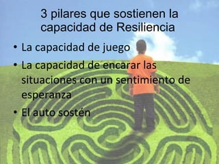 3 pilares que sostienen la capacidad de Resiliencia  La capacidad de juego La capacidad de encarar las situaciones con un sentimiento de esperanza El auto sostén 