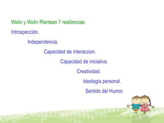 Wolin y Wolin Plantean 7 resiliencias:
Introspección.
        Independencia.
                 Capacidad de interaccion.
                         Capacidad de iniciativa.
                                 Creatividad.
                                    Ideologia personal.
                                     Sentido del Humor.
 