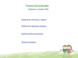 Factores Socioculturales: Sistema de creencias y valores. Sistema de relaciones sociales. Sistema político económico. Sistema educativo (Kotliarenco y Dueñas 1992) 