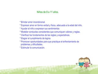 Niños de 8 a 11 años. * Brindar amor incondicional. * Expresar amor en forma verbal y física, adecuada a la edad del niño. * Ayudar al niño a expresar sus sentimientos * Modelar conductas consistentes que comuniquen valores y reglas. * Clarificar los fundamentos de las reglas y expectativas. * Elogiar el cumplimiento de logros * Promover oportunidades para que practique el enfrentamiento de  problemas y dificultades. * Estimular la comunicación. 