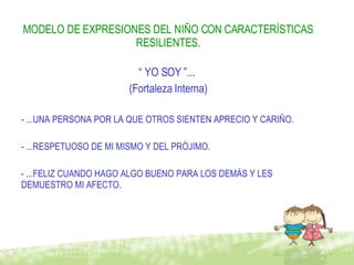 MODELO DE EXPRESIONES DEL NIÑO CON CARACTERÍSTICAS RESILIENTES. “  YO SOY ”...  (Fortaleza Interna) - ...UNA PERSONA POR LA QUE OTROS SIENTEN APRECIO Y CARIÑO. - ...RESPETUOSO DE MI MISMO Y DEL PRÓJIMO. - ...FELIZ CUANDO HAGO ALGO BUENO PARA LOS DEMÁS Y LES DEMUESTRO MI AFECTO. 