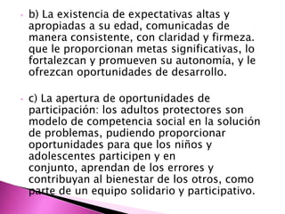 •   b) La existencia de expectativas altas y
    apropiadas a su edad, comunicadas de
    manera consistente, con claridad y firmeza.
    que le proporcionan metas significativas, lo
    fortalezcan y promueven su autonomía, y le
    ofrezcan oportunidades de desarrollo.

•   c) La apertura de oportunidades de
    participación: los adultos protectores son
    modelo de competencia social en la solución
    de problemas, pudiendo proporcionar
    oportunidades para que los niños y
    adolescentes participen y en
    conjunto, aprendan de los errores y
    contribuyan al bienestar de los otros, como
    parte de un equipo solidario y participativo.
 
