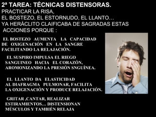 2ª TAREA: TÉCNICAS DISTENSORAS.
PRACTICAR LA RISA,
EL BOSTEZO, EL ESTORNUDO, EL LLANTO…
YA HERÁCLITO CLAIFICABA DE SAGRADAS ESTAS
ACCIONES PORQUE :
-EL BOSTEZO AUMENTA LA CAPACIDAD
DE OXIGENACIÓN EN LA SANGRE
FACILITANDO LA RELAJACIÓN.
-EL SUSPIRO IMPULSA EL RIEGO
SANGUINEO HACIA EL CORAZÓN,
AROMONIZANDO LA PRESIÓN SNGUÍNEA.
-EL LLANTO DA ELASTICIDAD
AL DIAFRAGMA PULMONAR, FACILITA
LA OXIGENACIÓN Y PRODUCE RELAJACIÓN.
-GRITAR ,CANTAR, REALIZAR
ESTIRAMIENTOS… DISTENSIONAN
MÚSCULOS Y TAMBIÉN RELAJA
 