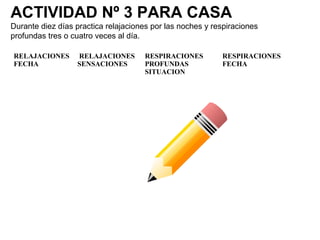 ACTIVIDAD Nº 3 PARA CASA
Durante diez días practica relajaciones por las noches y respiraciones
profundas tres o cuatro veces al día.
RELAJACIONES
FECHA
RELAJACIONES
SENSACIONES
RESPIRACIONES
PROFUNDAS
SITUACION
RESPIRACIONES
FECHA
 