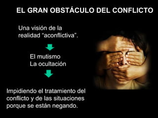 El mutismo
La ocultación
Una visión de la
realidad “aconflictiva”.
Impidiendo el tratamiento del
conflicto y de las situaciones
porque se están negando.
EL GRAN OBSTÁCULO DEL CONFLICTO
 