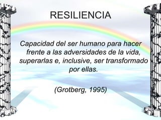 RESILIENCIA
Capacidad del ser humano para hacer
frente a las adversidades de la vida,
superarlas e, inclusive, ser transformado
por ellas.

(Grotberg, 1995)

 