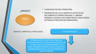 ¿ORIGEN?
• CAPACIDAD DE RECUPERACIÓN.
• PROPIEDAD DE LOSCUERPOS ELÁSTICOS DE
RECOBRAR SU FORMA ORIGINALY LIBERAR
ENERGÍA CUANDO SON SOMETIDOSA UNA FUERZA
EXTERNAO PRESIÓN DEFORMADORA.
FÍSICA
DESDE EL CAMPO DE LA PSICOLOGÍA. . . SYLVIE MANSOUR
ES RESILIENTE EL SUJETO QUETRAS UN
ACONTECIMIENTO (O UNA ETAPA) NEGATIVO DE
LAVIDA,VUELVE CON GRAN RAPIDEZA UN
NIVEL DE BIENESTAR PSICOLÓGICO SUBJETIVO
SENSIBLEMENTE IGUAL (O AÚN SUPERIOR)AL
NIVELANTERIOR.
 