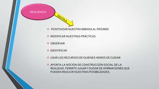 RESILIENCIA
 POSITIVIZAR NUESTRA MIRADA AL PRÓJIMO
 MODIFICAR NUESTRAS PRÁCTICAS
 OBSERVAR
 IDENTIFICAR
 USAR LOS RECURSOS DE QUIENES HEMOS DE CUIDAR
 APORTA LA NOCIÓN DE CONSTRUCCIÓN SOCIAL DE LA
REALIDAD. PERMITE JUGARY DUDAR DE AFIRMACIONESQUE
PUEDEN REDUCIR NUESTRAS POSIBILIDADES.
 