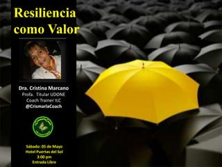 Sábado: 05 de Mayo
Hotel Puertas del Sol
3:00 pm
Entrada Libre
Resiliencia
como Valor
Dra. Cristina Marcano
Profa. Titular UDONE
Coach Trainer ILC
@CrismarlaCoach
 